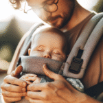 Nærbilde av en forelder som stramt og trygt justerer en moderne bæresel med en rolig baby i en ergonomisk M-posisjon, mykt naturlig lys og rolige farger
