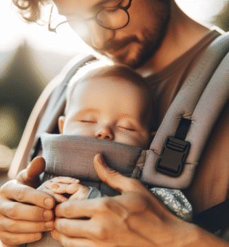 Nærbilde av en forelder som stramt og trygt justerer en moderne bæresel med en rolig baby i en ergonomisk M-posisjon, mykt naturlig lys og rolige farger