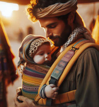 Et varmt og inkluderende bilde av forelder og baby i tradisjonell og moderne bæresel, ulike tekstiler og farger, naturlig utendørslys, fokus på nærhet og trygghet