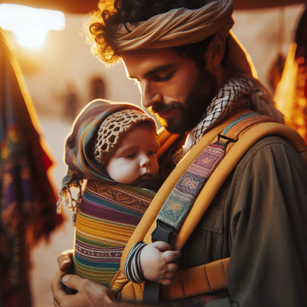 Et varmt og inkluderende bilde av forelder og baby i tradisjonell og moderne bæresel, ulike tekstiler og farger, naturlig utendørslys, fokus på nærhet og trygghet